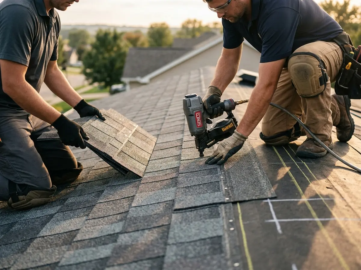 Professional roofer working on a residential roof in Merrimac